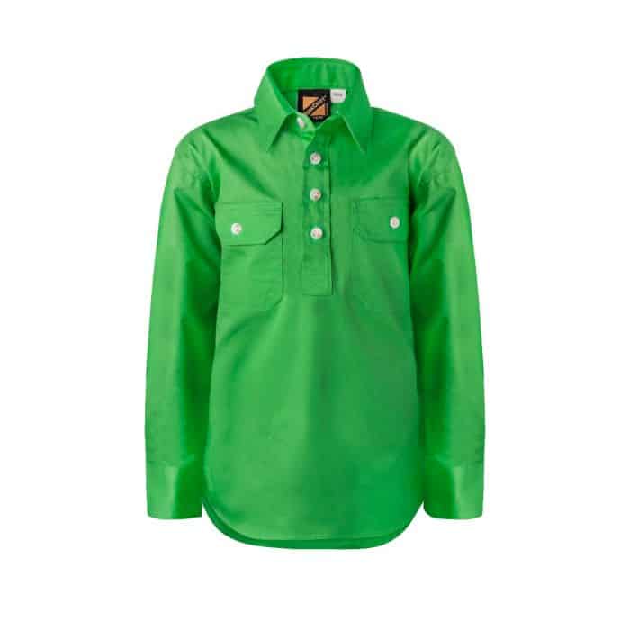 Work Craft Kids Lightweight Ls Half Placket Shirt - Contrast Buttons - Wsk131 27 _232_wsk131_grn_1_1
