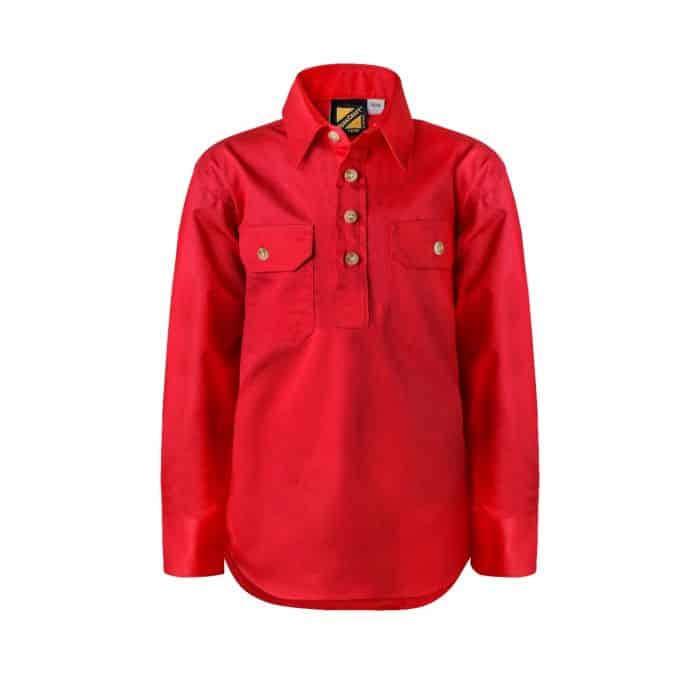 Work Craft Kids Lightweight Ls Half Placket Shirt - Contrast Buttons - Wsk131 23 _240_wsk131_red_1_1