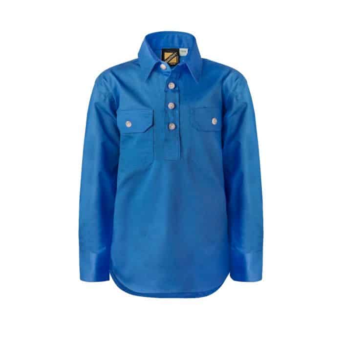 Work Craft Kids Lightweight Ls Half Placket Shirt - Contrast Buttons - Wsk131 25 _241_wsk131_cblu_1_1