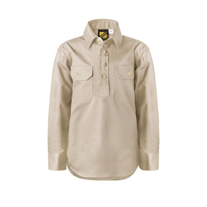 Work Craft Kids Lightweight Ls Half Placket Shirt - Contrast Buttons - Wsk131 29 _242_wsk131_cream_1_1