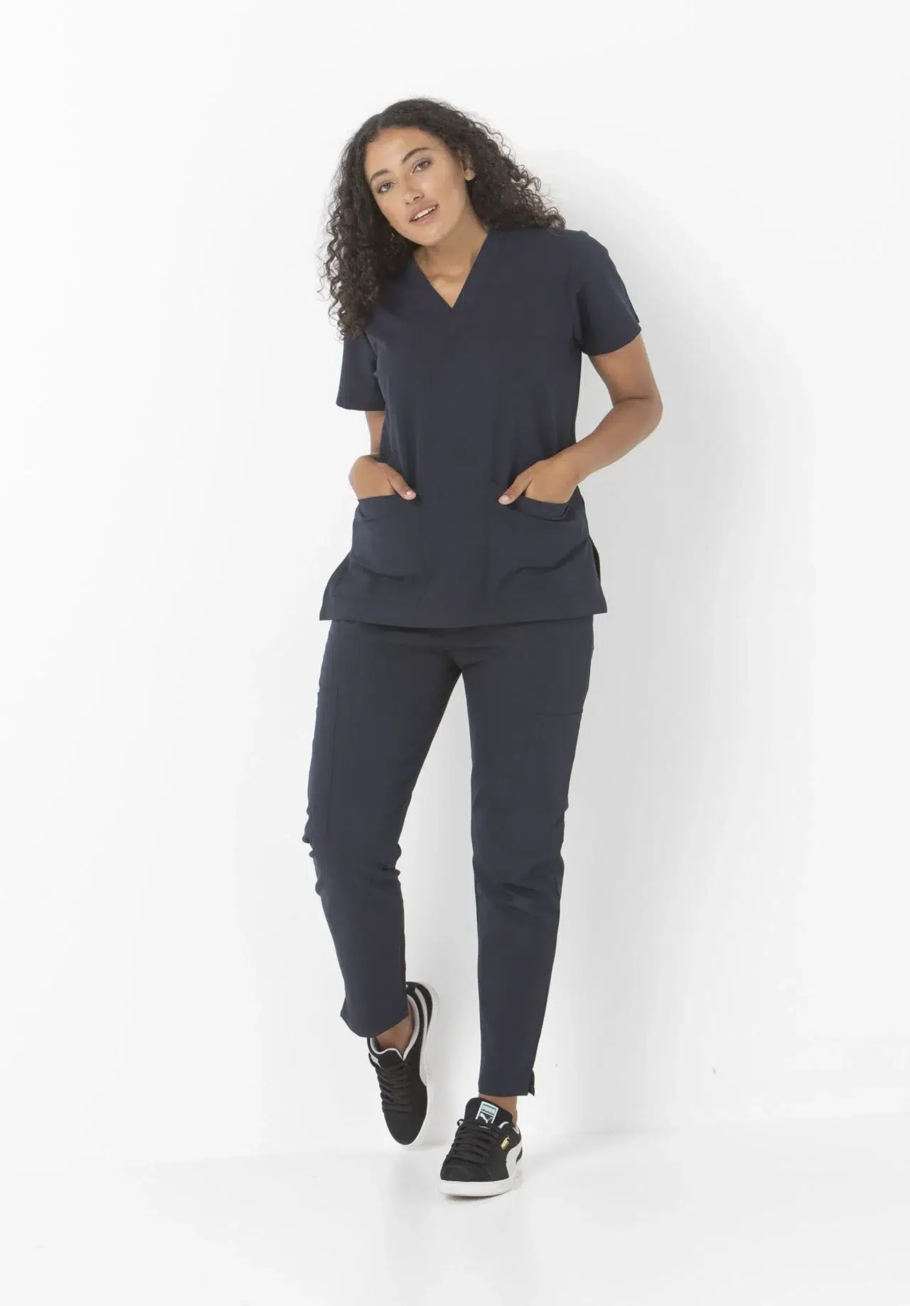 Lee St John Unisex Stretch Clinical Scrub Top 553-Ps 1 553 PS NVY and 505 PS NVY female scaled 1.jpg