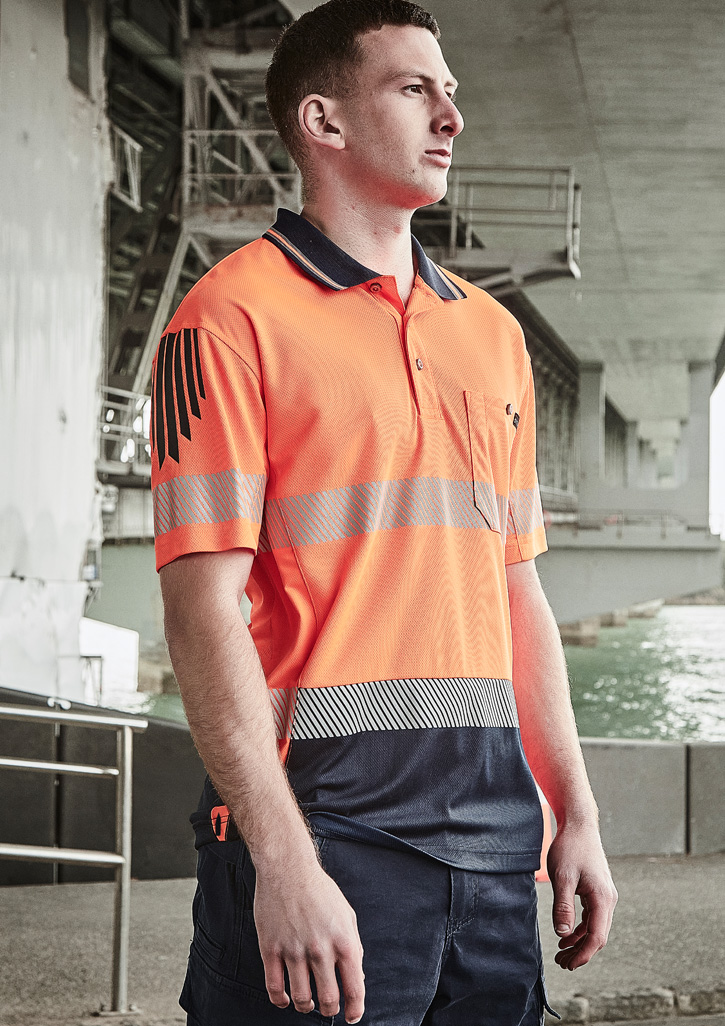 Mens Hi Vis Flux Segmented Tape Short Sleeve Polo Zh555 3 ZH555 Talent Orange Navy 02